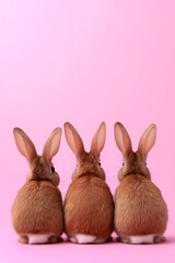 Obraz premium A trio of soft, cuddly rabbits sitting side by side against a warm pink backdrop, exuding
