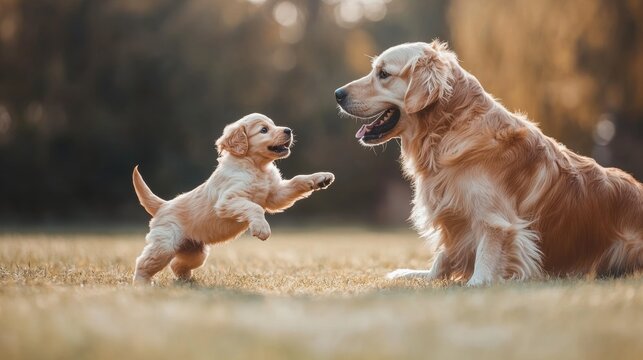 Playful Golden Retriever puppy playfully bites the paw of a larger Golden Retriever in a grassy field, with a blurred background.