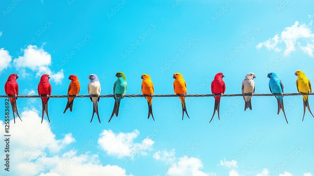 Aufkleber A row of colorful birds perched on a power line against a bright azure sky, creating a lively and cheerful scene full of natural energy
