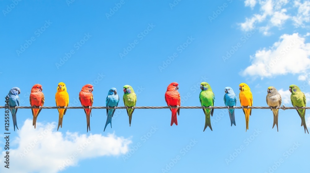 Aufkleber A row of colorful birds perched on a power line against a bright azure sky, creating a lively and cheerful scene full of natural energy