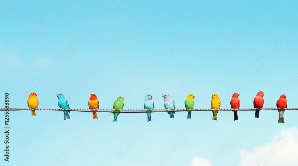 Poster A row of colorful birds perched on a power line against a bright azure sky, creating a lively and cheerful scene full of natural energy
