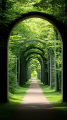 Obraz premium Sunlit Path Through Arching Trees in a Lush Green Garden
