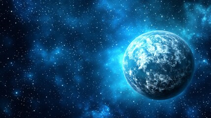 Obraz premium Vast expanse of deep space with a luminous celestial body, featuring a dark blue and light blue gradient background dotted with glittering stars and