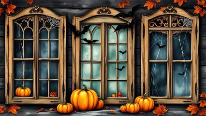 Obraz premium Spooky Halloween Scene Pumpkins Bats by Old Wooden Windows