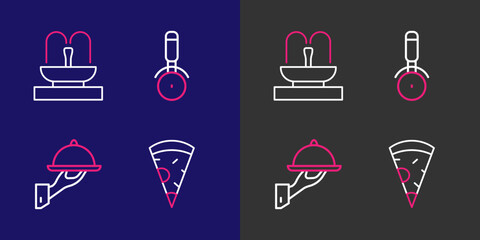 Set line Slice of pizza, Covered with tray food, Pizza knife and Fountain icon. Vector