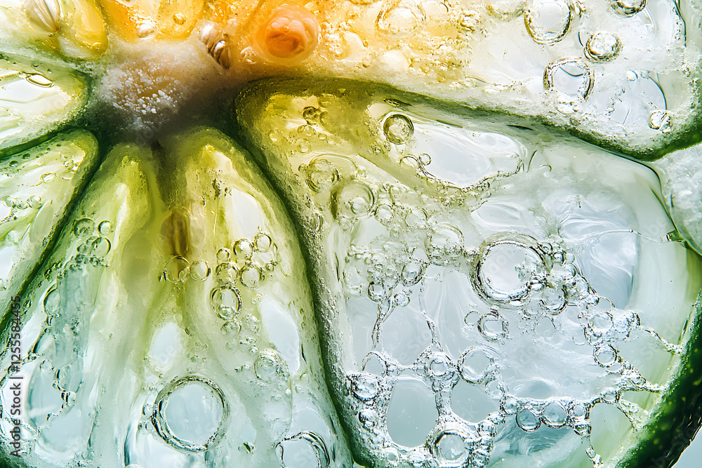 Poster close-up macro shot of a lime slice submerged in sparkling water, showcasing vibrant green hues and 