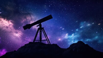 A telescope set up on top of the mountain, a starry sky with shooting stars in the background, night photography