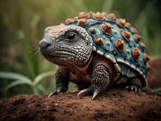 Obraz premium Wildlife Conservation: Close-Up Portrait of a Tortoise in Its Natural Habitat - Exploring the Intricate Shell Patterns and Texture in Vibrant Green Environment