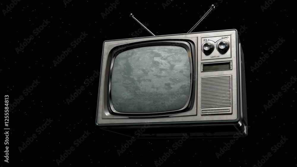 Poster old-fashioned television set with rabbit ear antennas floating in space, displaying planet earth and