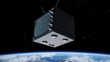 Old-fashioned television set with an antenna floating in space displays a clear image of earth, highlighting themes of global communication and technological reach