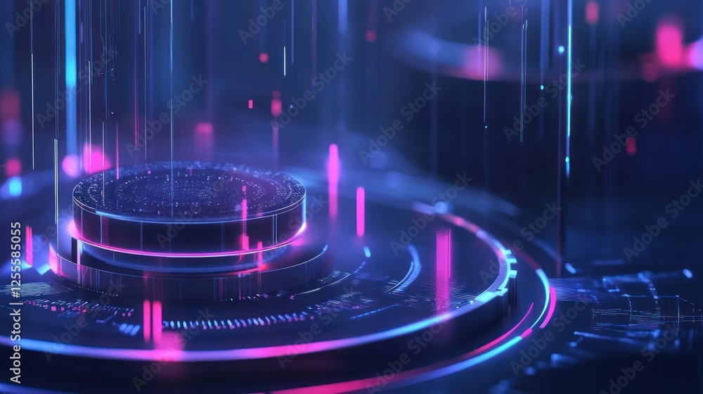 Poster futuristic technology platform with glowing neon lights and data streams