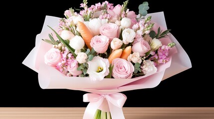 Elegant pink flower bouquet with white roses and lisianthus on black background