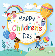 Obraz premium Happy Childrens Day Illustration Joyful Kids Celebration, banner, poster, gift card and Happy Childrens Day Background.