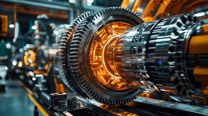 Gear System. glowing industrial machine part in factory setting