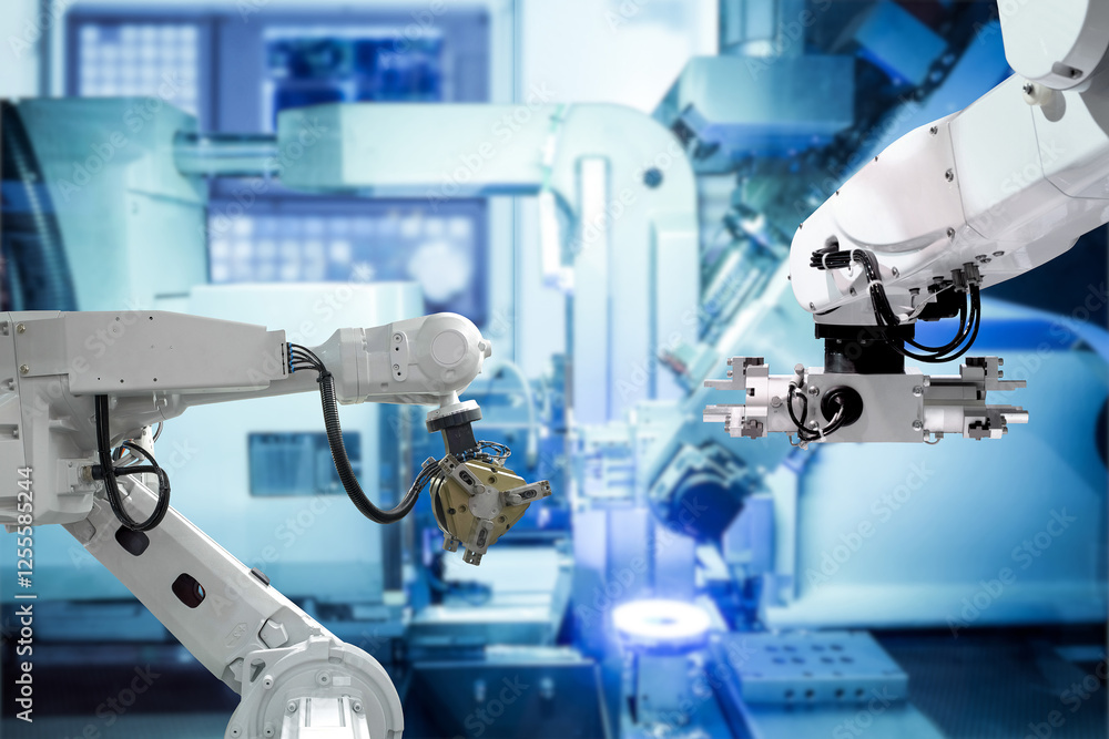 Poster modern technology with industrial automation gripping robot and welding robot are working with metal