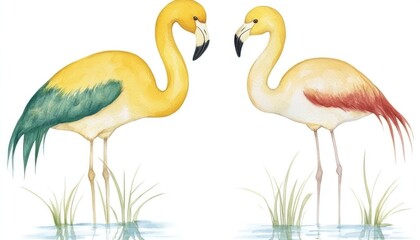 Obraz premium Two colorful flamingos standing in shallow water surrounded by grass