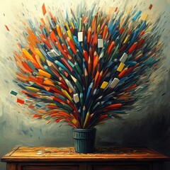 Colorful explosion of pencils in a pot, symbolizing creativity and inspiration