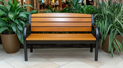 An outdoor wooden bench with brown slats and a black metal frame, surrounded by lush green plants in planters, is situated in a light filled indoor