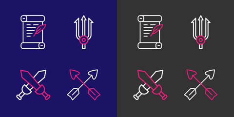 Set line Crossed arrows, medieval sword, Neptune Trident and Decree, parchment, scroll icon. Vector