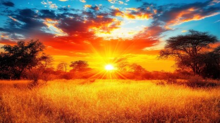 Fototapeta premium Stunning sunset over golden fields african savanna nature photography vibrant atmosphere wide-angle view