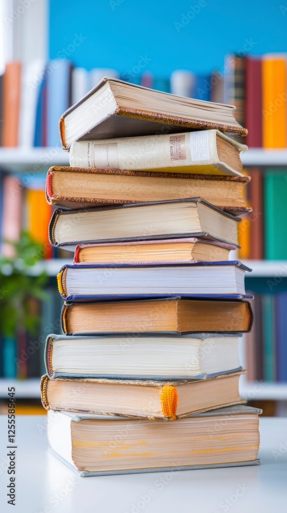 Poster tall stack of aged books on table in library