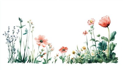 Vibrant watercolor illustration of blooming flowers in a serene garden setting