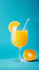 Glass of Bright Orange Fresh Orange Juice on Blue Background