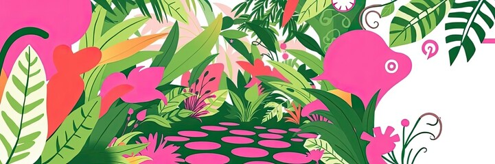 Obraz premium Vibrant Tropical Foliage Pattern Lush Green Leaves Pink Flowers Abstract Design