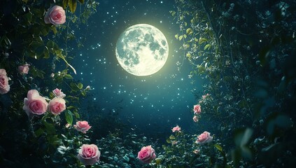 Fototapeta premium Night Blooming Roses Under the Full Moon's Magical Glow in a Serene Garden, Illuminated by Stars