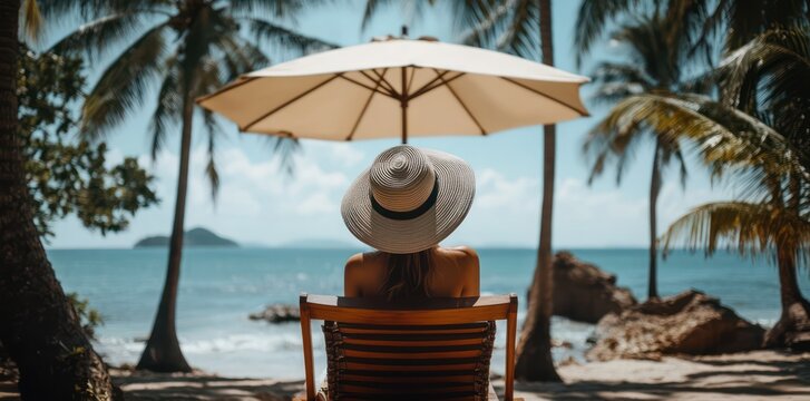 A woman in summer and hat sits on a deck chair under an umbrella at a tropical beach with palm trees, the blue water of the sea or ocean.