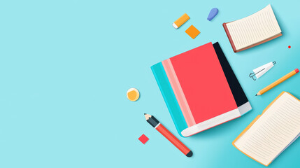 colorful illustration of books and stationery items on blue background, showcasing creativity and organization