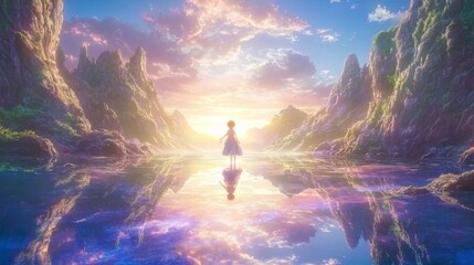 Reflective journey of a girl at sunset in serene landscape fantasy art tranquil environment dreamy view