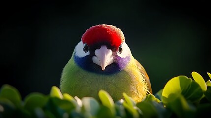 Fototapeta premium Close-up of a vibrant bird with colorful plumage perched on green foliage in natural light