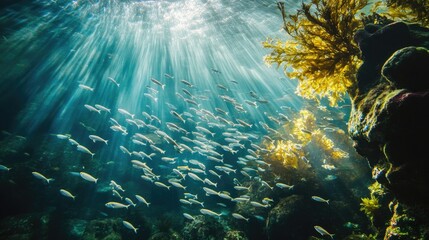 A school of small fish swimming gracefully in an aquarium, with underwater rocks and lush plants surrounding them, creating a serene aquatic environment