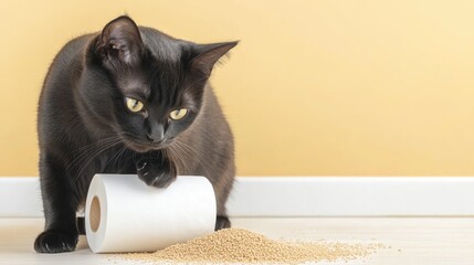 Playful black cat with toilet paper and litter on a beige background