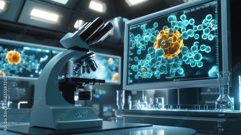 Poster A scientific microscope focused on nanotech samples, with digital data monitors displaying intricate molecular structures in a sterile lab setting