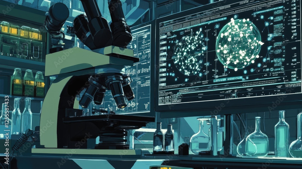 Poster A scientific microscope focused on nanotech samples, with digital data monitors displaying intricate molecular structures in a sterile lab setting