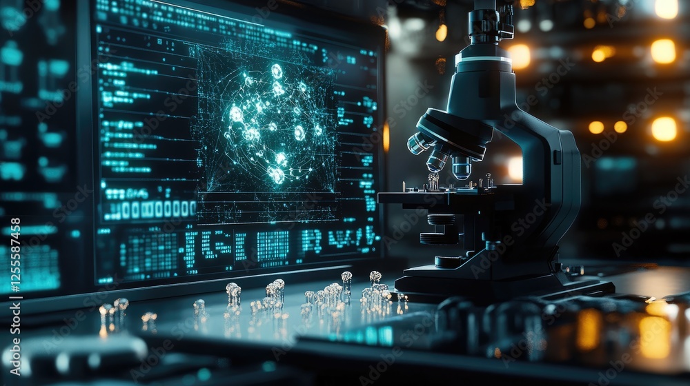 Poster A scientific microscope zooming in on nanotech samples, with digital data screens displaying molecular structures, set in a modern laboratory