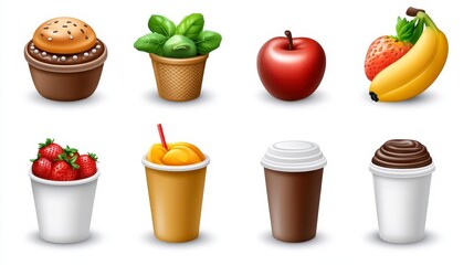 Collection of pixel art food items, including a burger, plant, apple, banana, strawberries, smoothie, and coffee, all in stylized 3D style, displayed