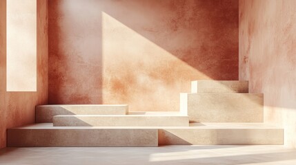 A minimalist abstract podium with floating elements and a clean, neutral background
