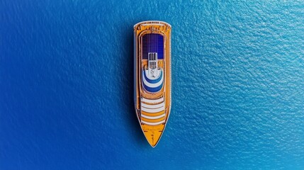 Overhead view of a stylized pixel art vessel, golden yellow with blue details. The vessel is positioned over a textured, light blue background