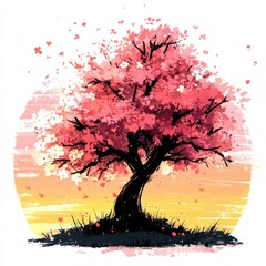 Serene Sunset Pink Blossom Tree in Peaceful Landscape