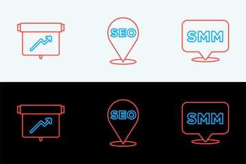 Set line Social media marketing, Board with graph chart and SEO optimization icon. Vector