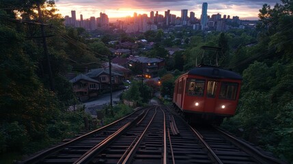 Sunset train journey through urban landscape city skyline photography evening elevated view travel experience