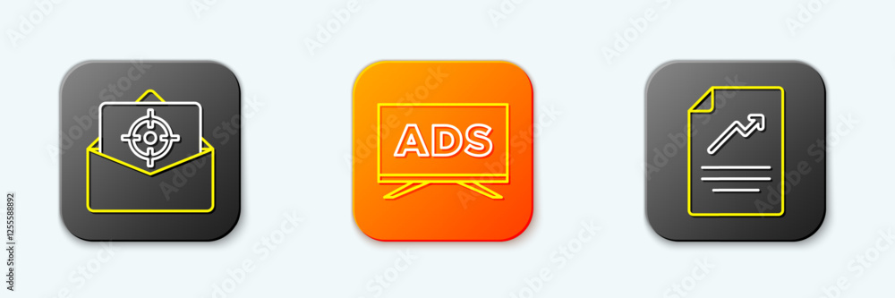 Poster set line mail and e-mail, advertising and document with graph chart icon. vector