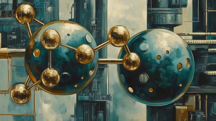 Teal gold spheres connect dynamically industrial backdrop. AI Generated