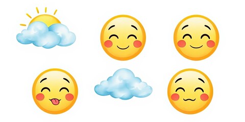 Fototapeta premium Collection of Cute Emojis with Blushing Cheeks Smiling Faces Sun and Clouds