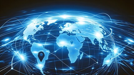 A world globe with interconnected nodes, symbolizing global connectivity, overlaid with subtle cybersecurity.represents global cybersecurity, data protection, secure networks, and digital connectivity