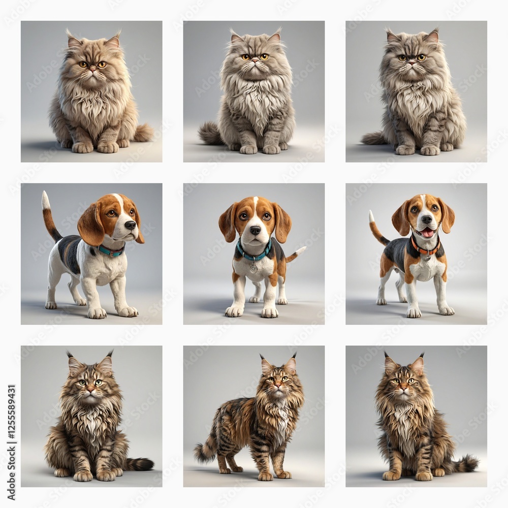 Poster grid of nine pet portraits. fluffy cats in the first and third rows, beagle dogs in the second. diff