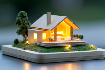 A cardboard model house on a rough timber plank, backlit by a mellow, honey-toned glow,